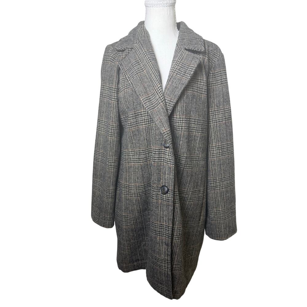 Avec Les Filles Plaid Long Coat Gray Black Tan Double Button Classic